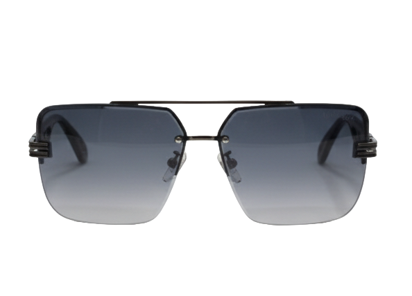 Luxury Rimless Navigator Sunglasses | Black Geometric Cutout Arms