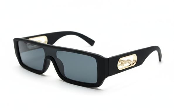 Bold Black Rectangular Sunglasses with Gold Panther / Jaguar Accents